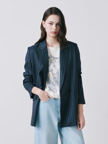 린넨 스트라이프 피크드 더블 재킷 