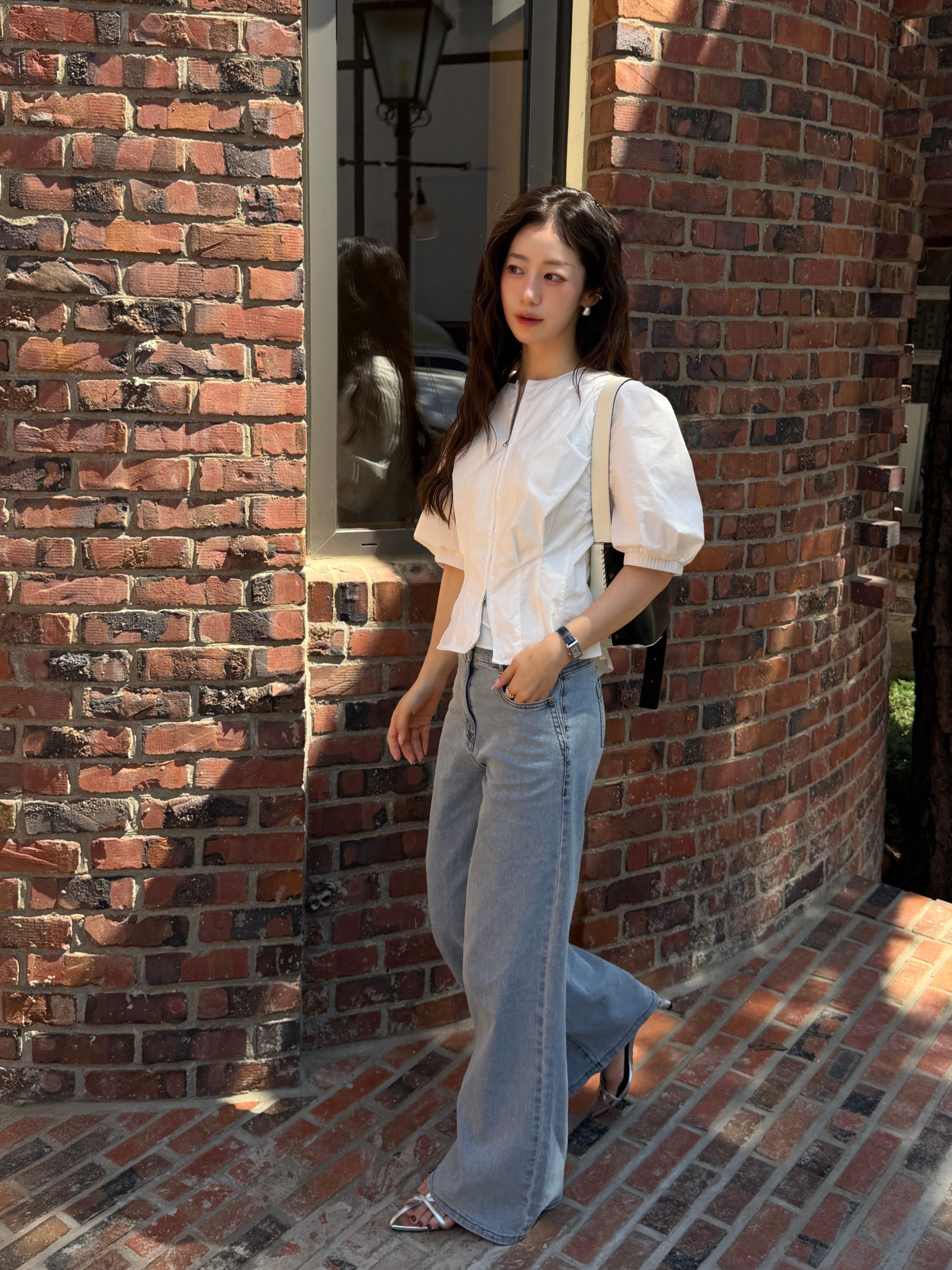 포켓 백 밴딩 와이드 데님 팬츠 (LIGHT BLUE)