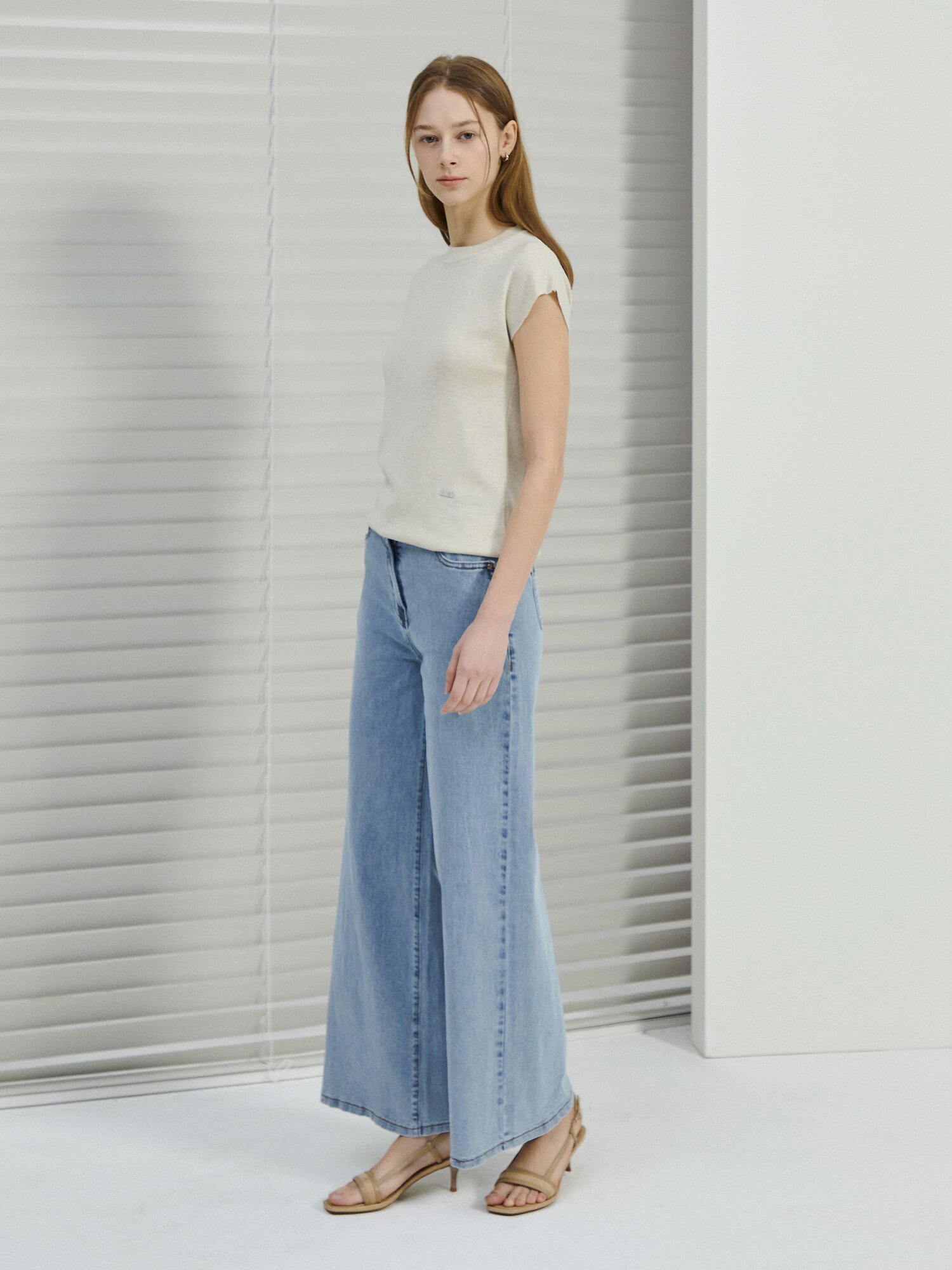 포켓 백 밴딩 와이드 데님 팬츠 (LIGHT BLUE)