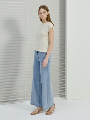 포켓 백 밴딩 와이드 데님 팬츠 