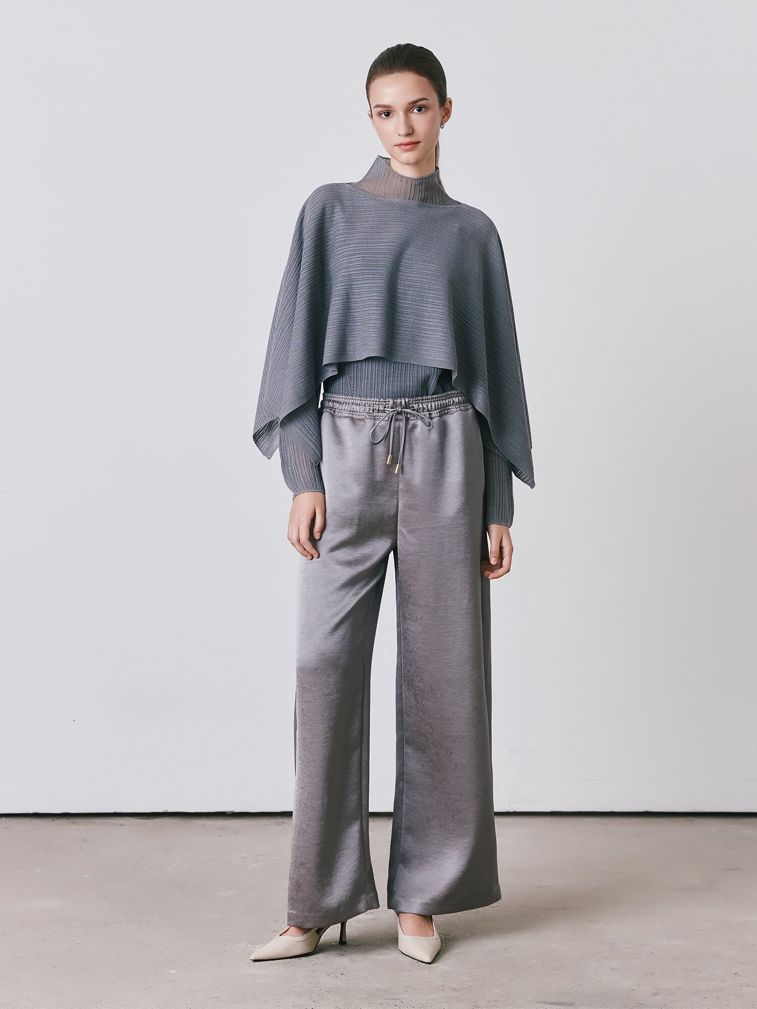 메탈 장식 스트링 밴딩 와이드 팬츠 (GREY)