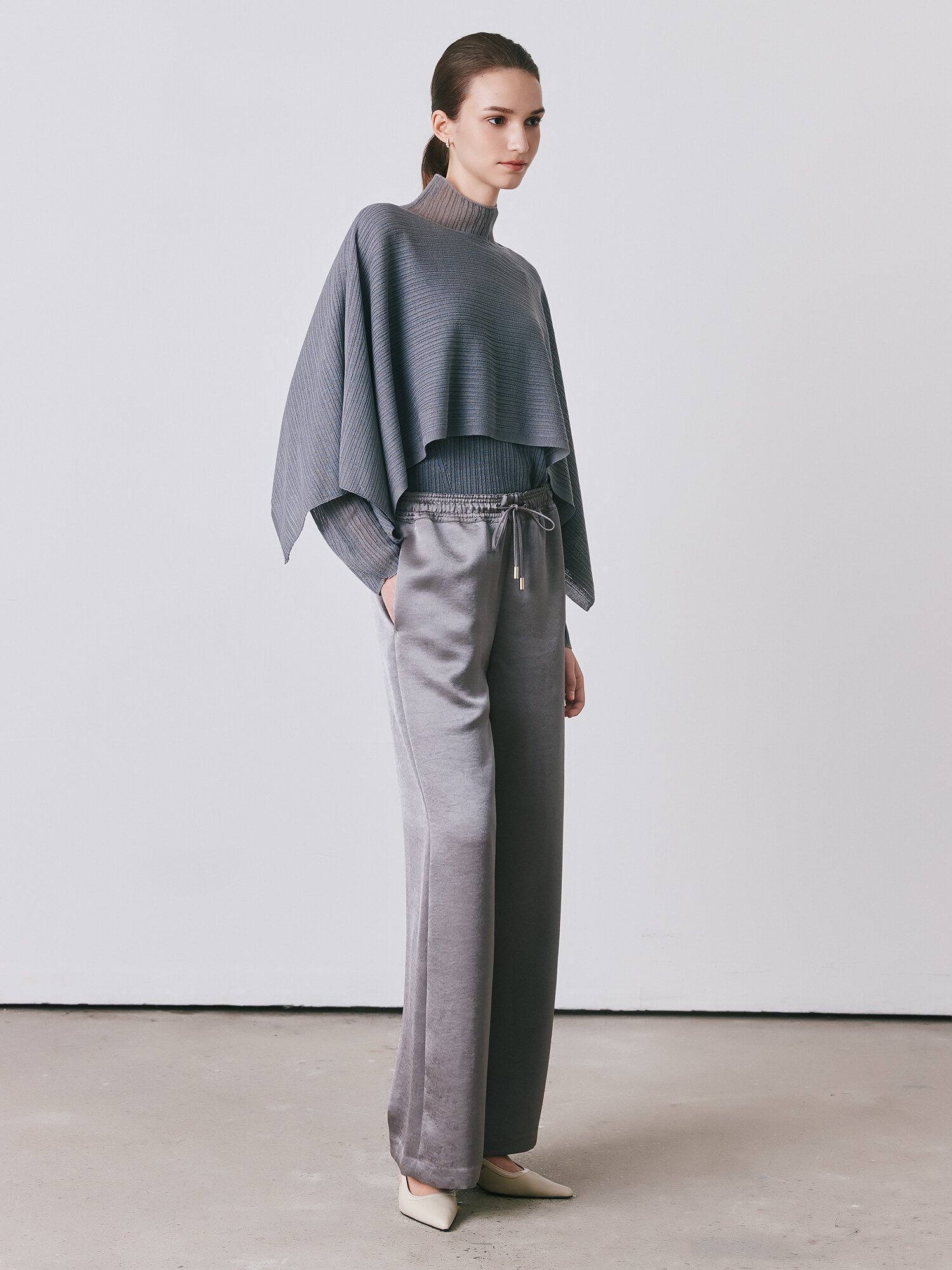 메탈 장식 스트링 밴딩 와이드 팬츠 (GREY)