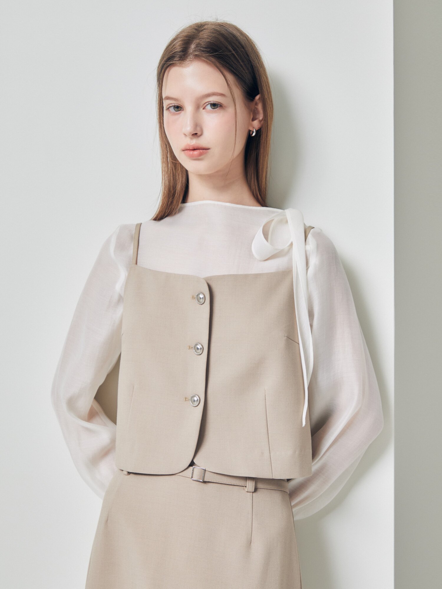 뷔스티에 탑 + 벨티드 A라인 스커트 세트 (BEIGE)