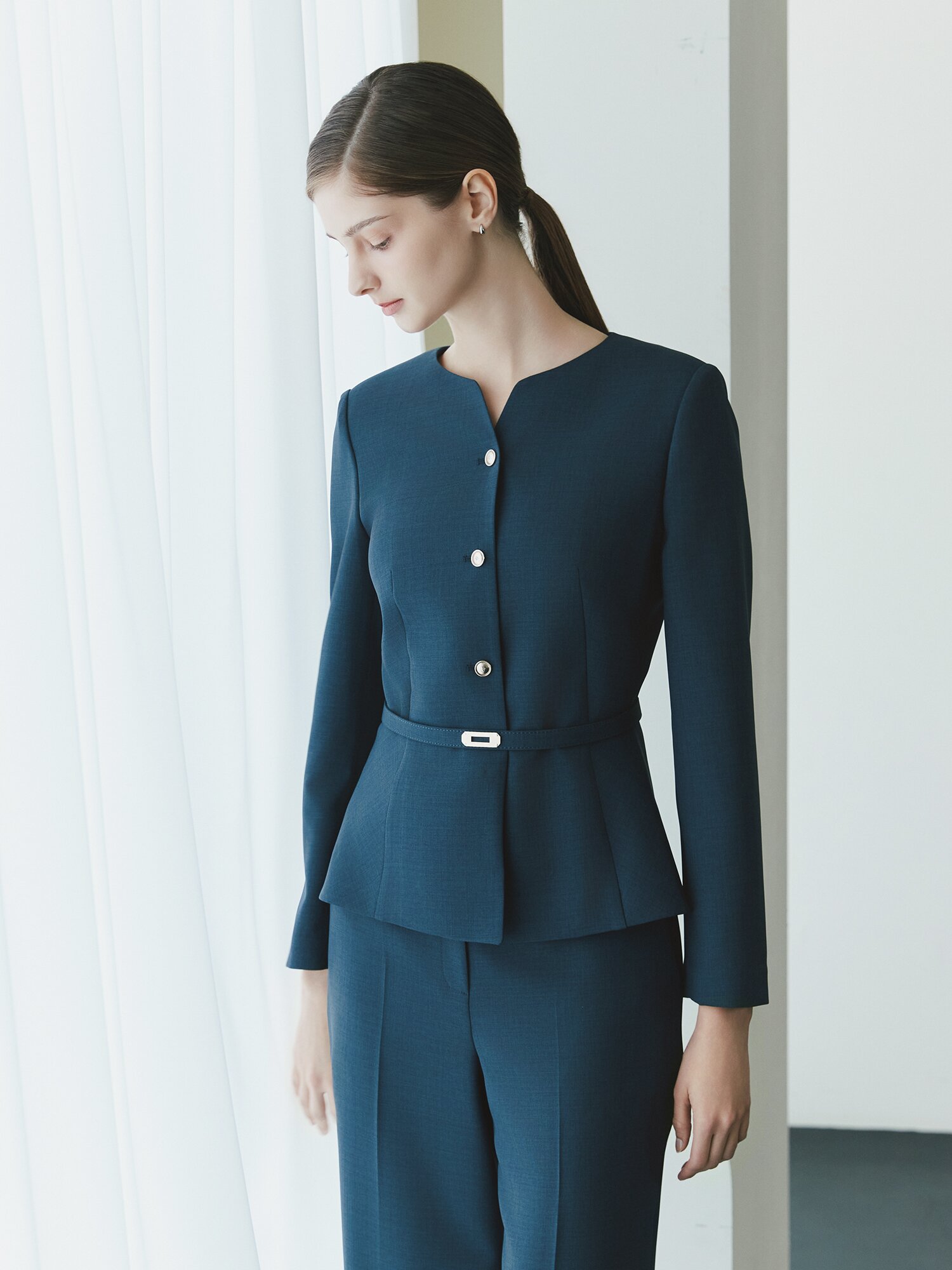 슬릿 라운드넥 페플럼 재킷 (MELANGE NAVY)