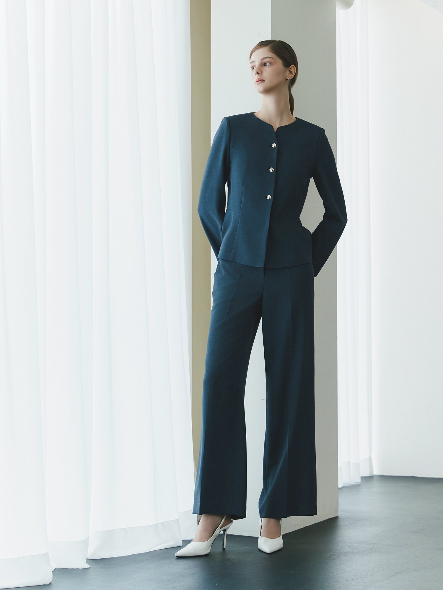 슬릿 라운드넥 페플럼 재킷 (MELANGE NAVY)