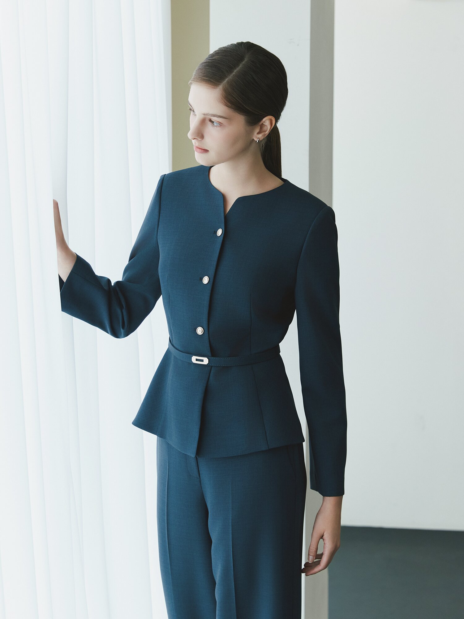 슬릿 라운드넥 페플럼 재킷 (MELANGE NAVY)