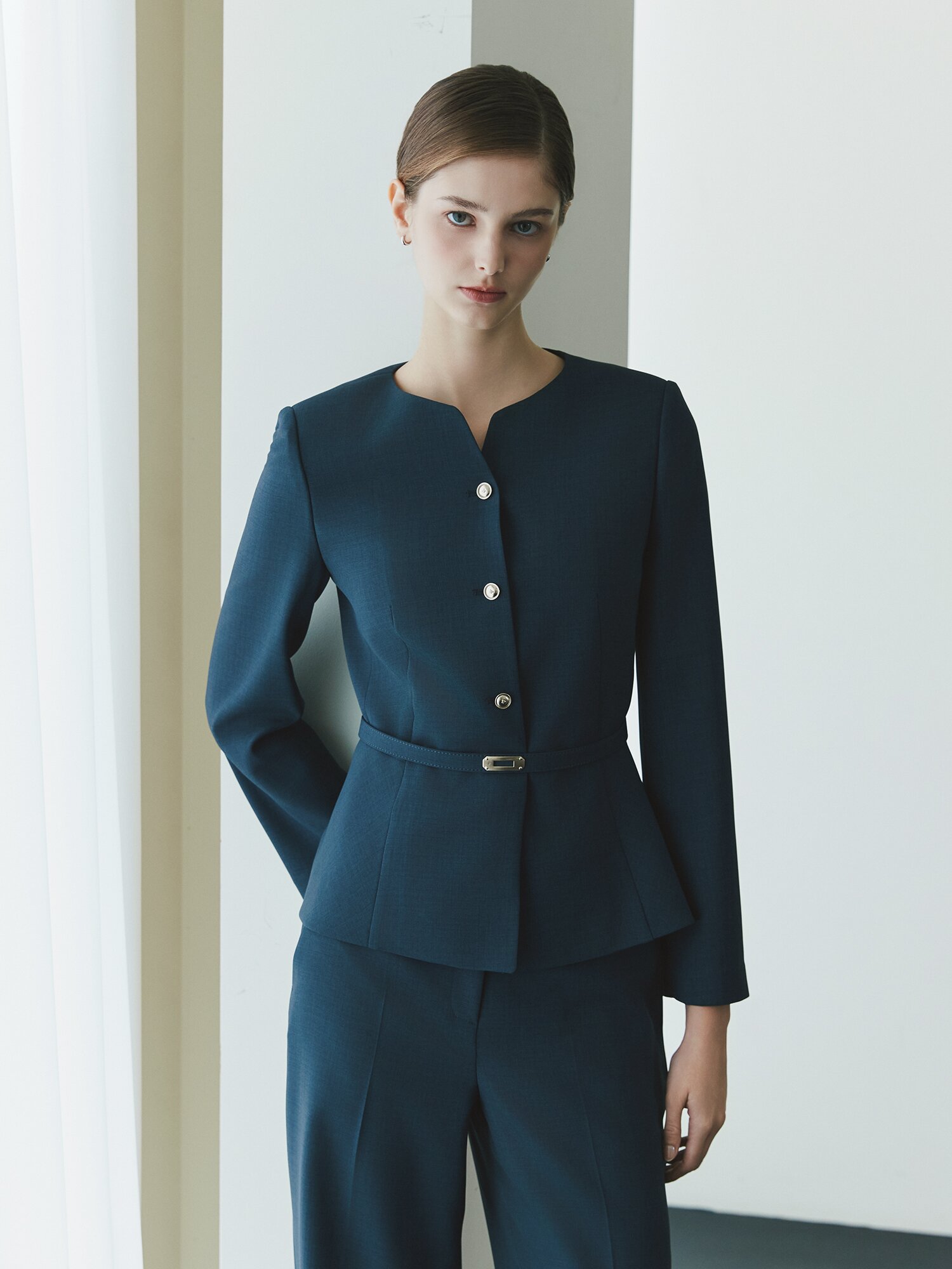 슬릿 라운드넥 페플럼 재킷 (MELANGE NAVY)