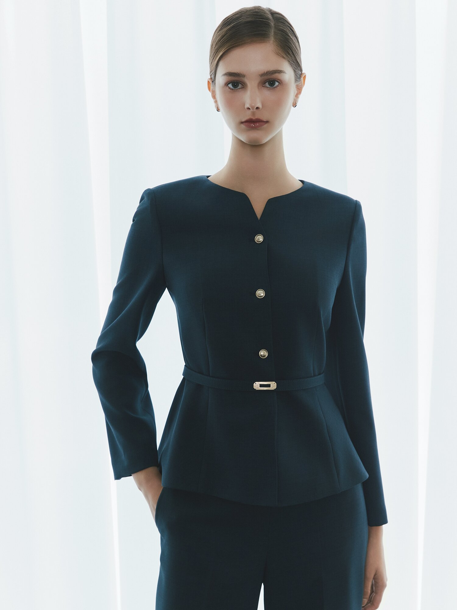 슬릿 라운드넥 페플럼 재킷 (MELANGE NAVY)