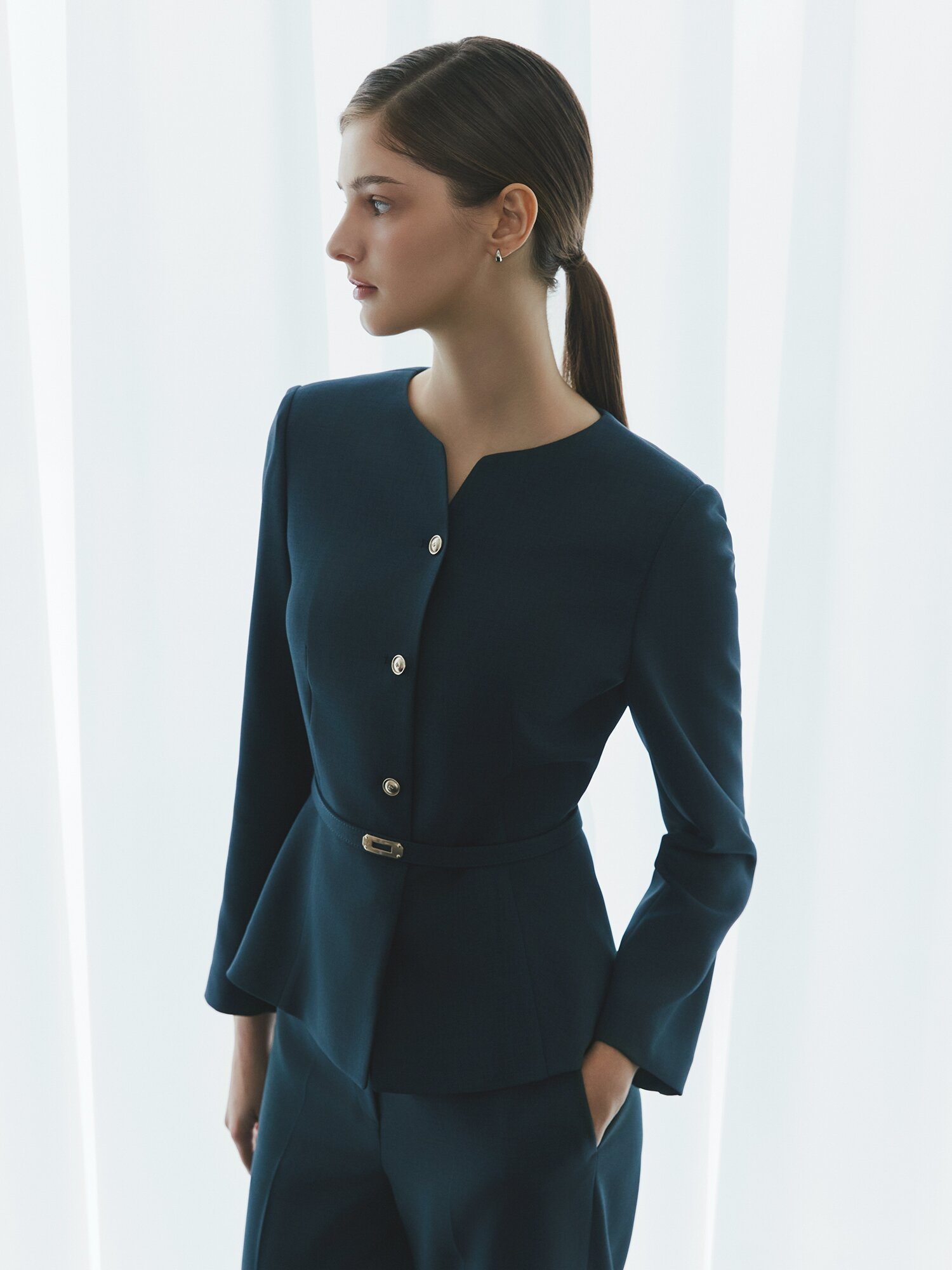 슬릿 라운드넥 페플럼 재킷 (MELANGE NAVY)