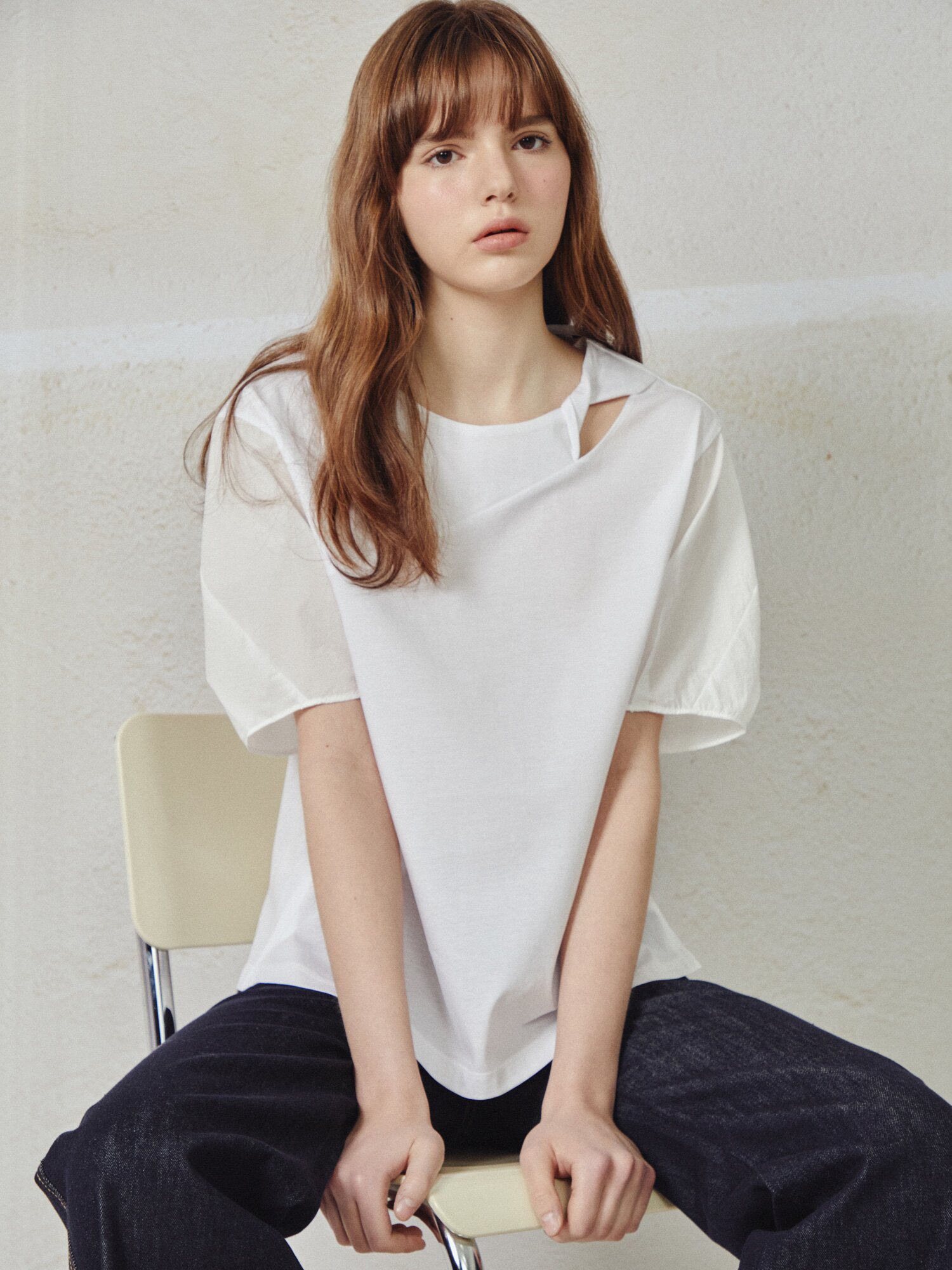 사이드 절개 배색 블라우스 (WHITE)