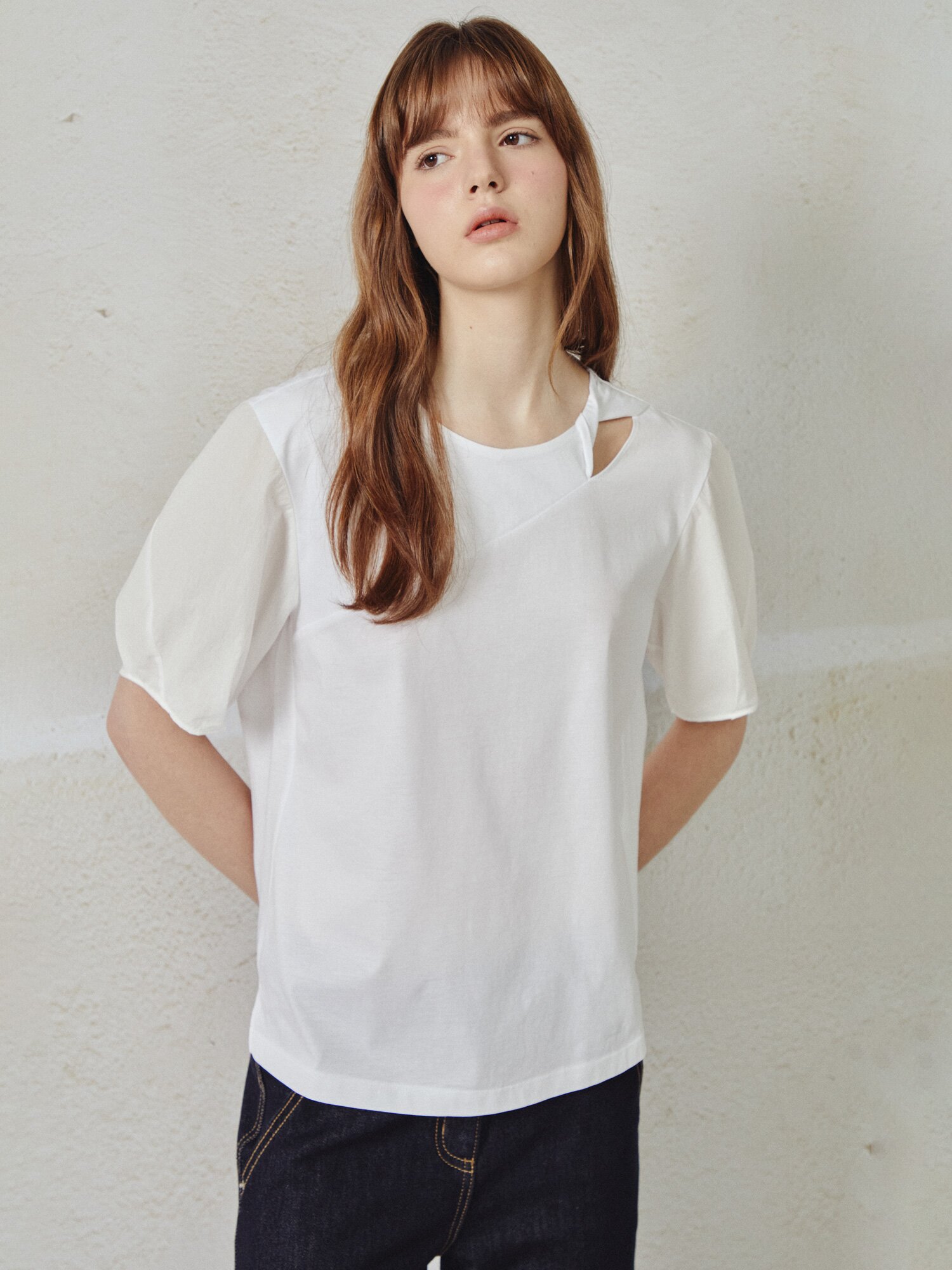 사이드 절개 배색 블라우스 (WHITE)