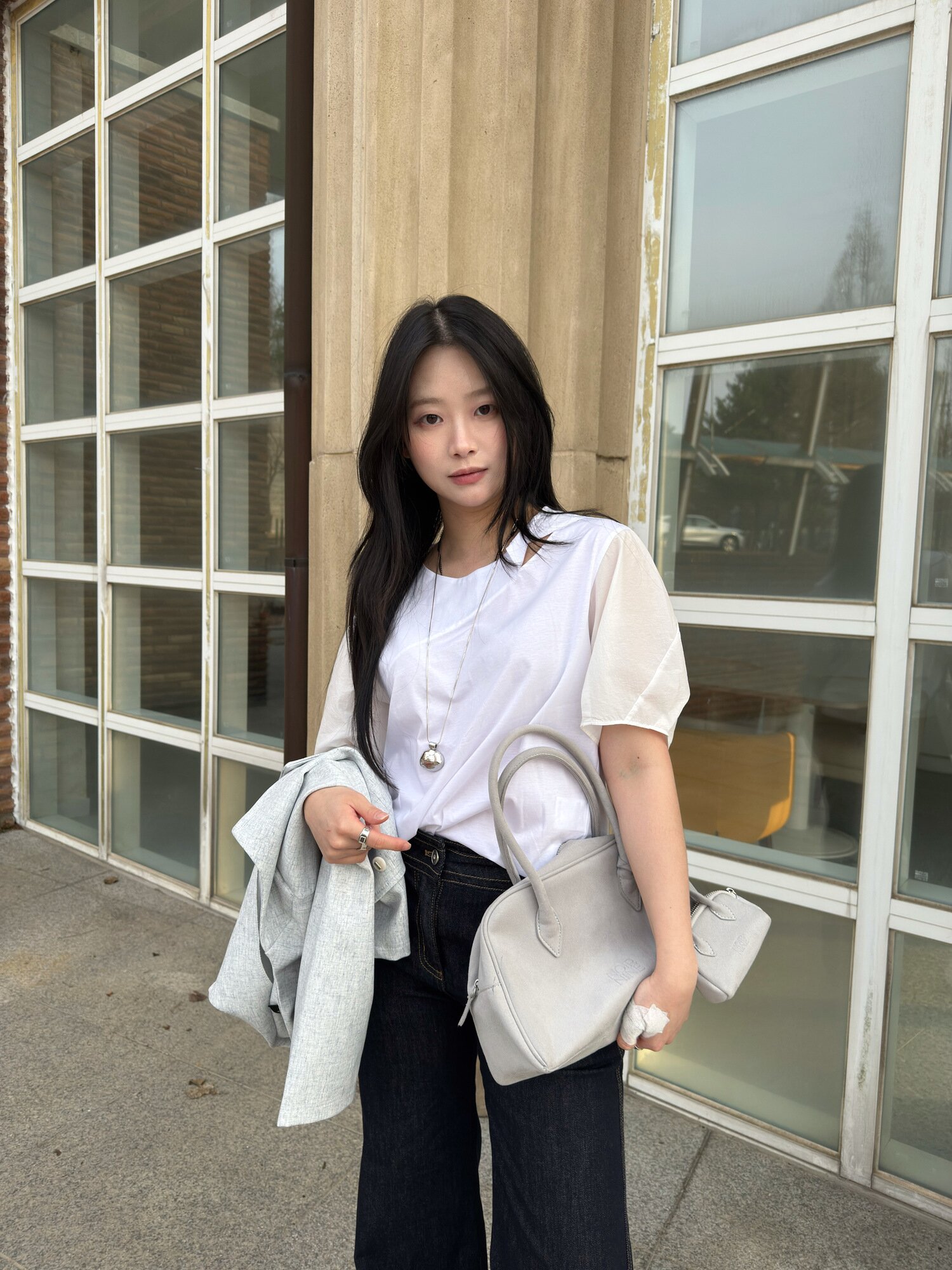 사이드 절개 배색 블라우스 (WHITE)