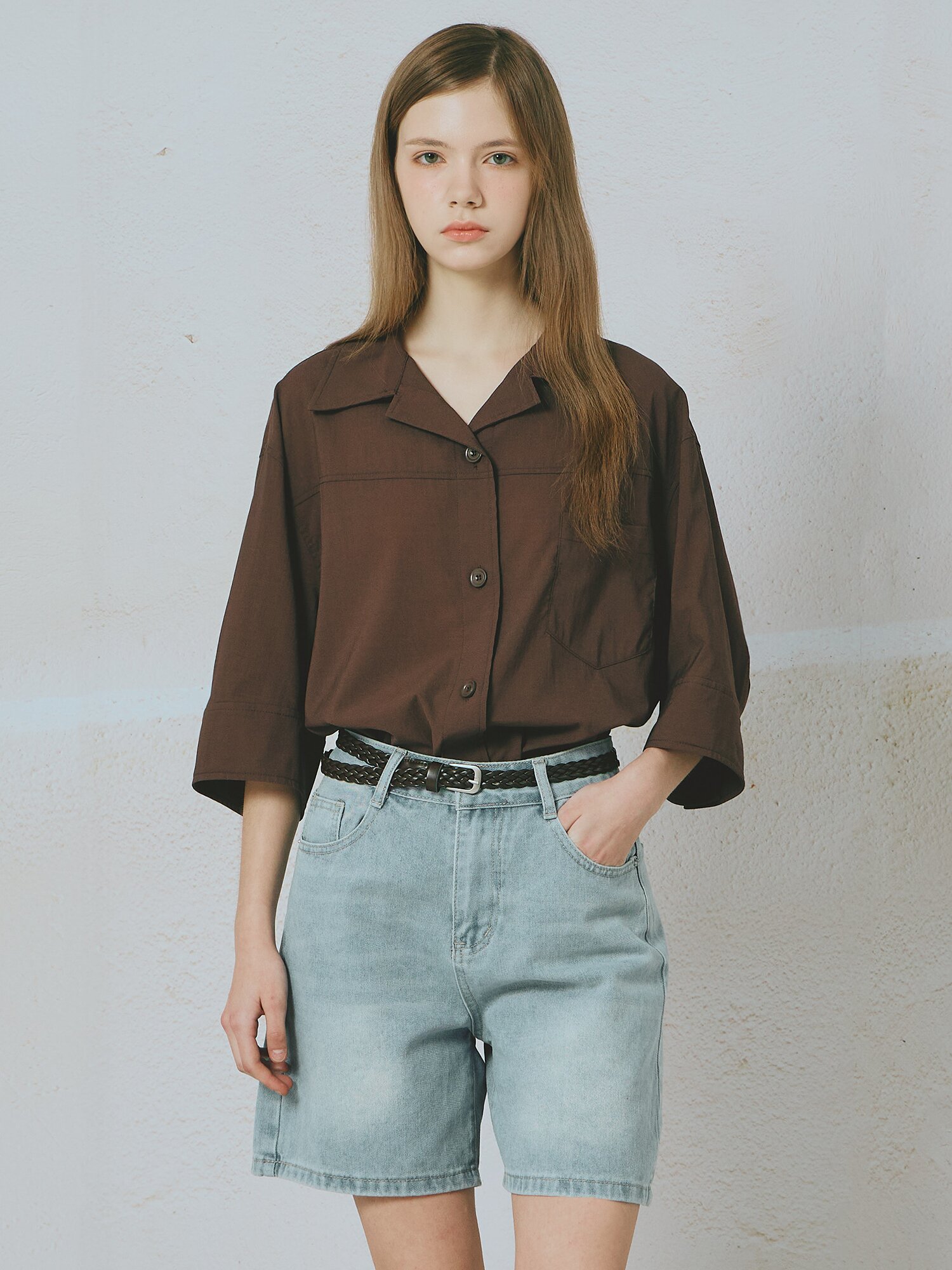 오픈 칼라 셔츠 블라우스 (DARK BROWN)
