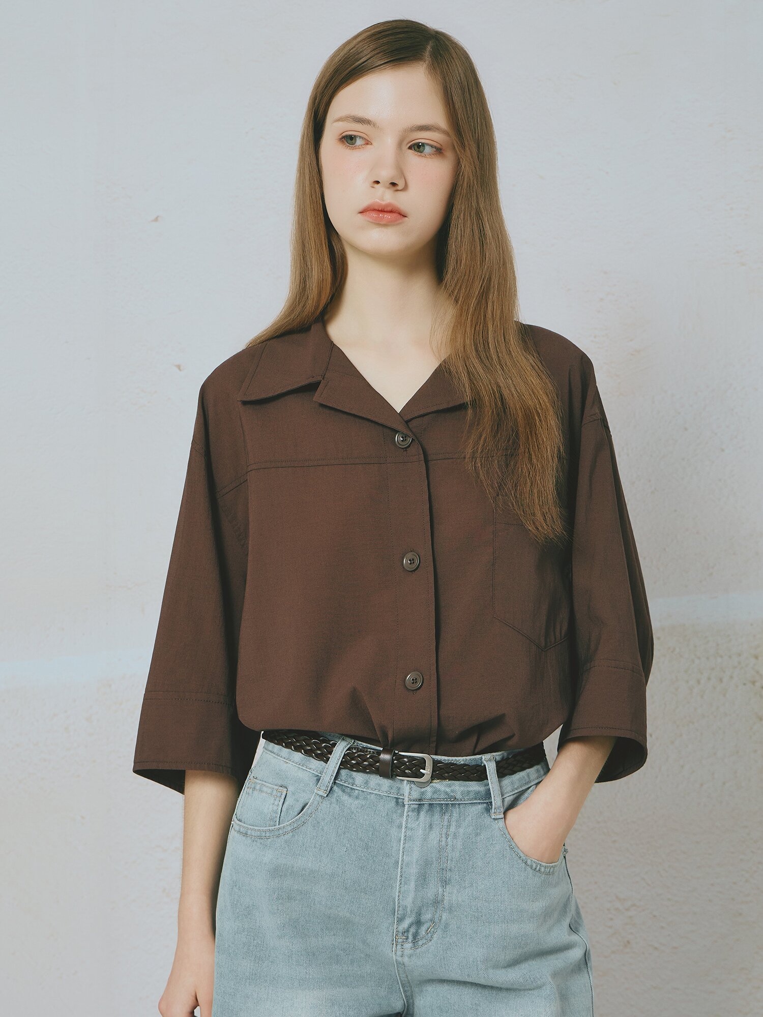 오픈 칼라 셔츠 블라우스 (DARK BROWN)