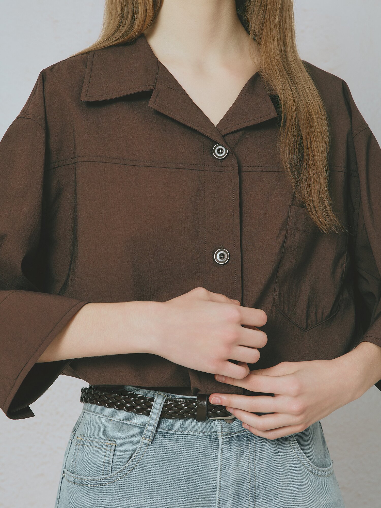 오픈 칼라 셔츠 블라우스 (DARK BROWN)