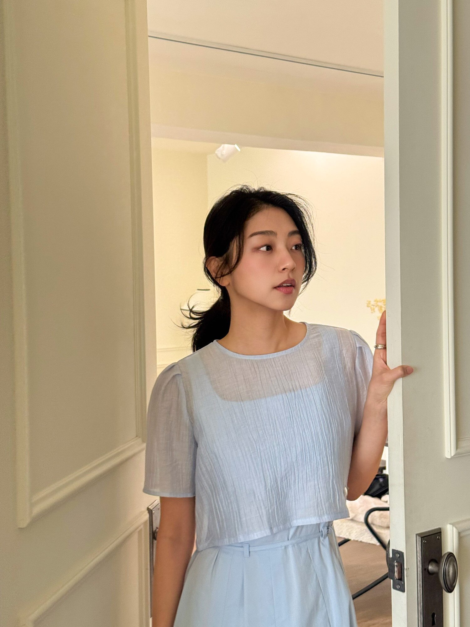 링클 블라우스 레이어드 원피스 (BLUE)