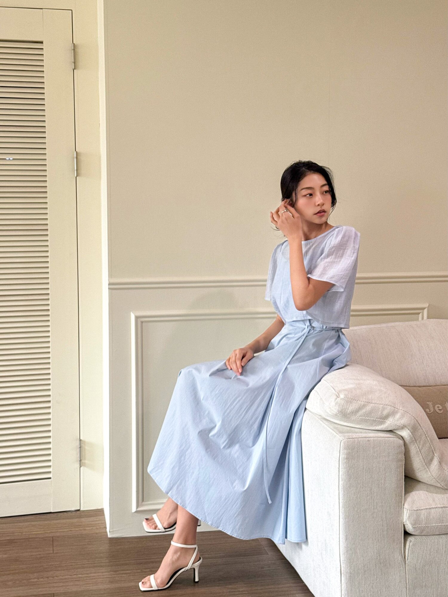 링클 블라우스 레이어드 원피스 (BLUE)