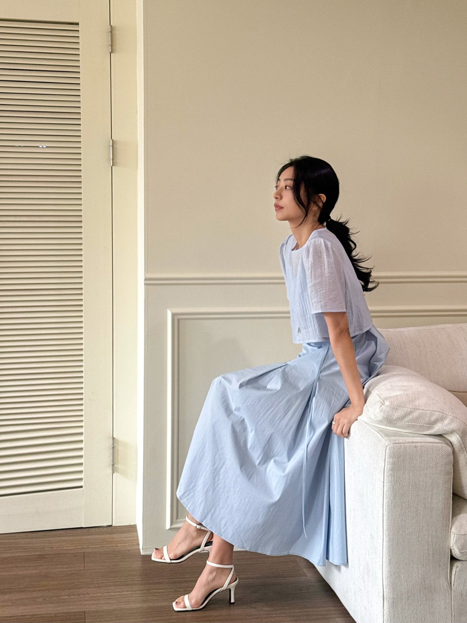 링클 블라우스 레이어드 원피스 (BLUE)