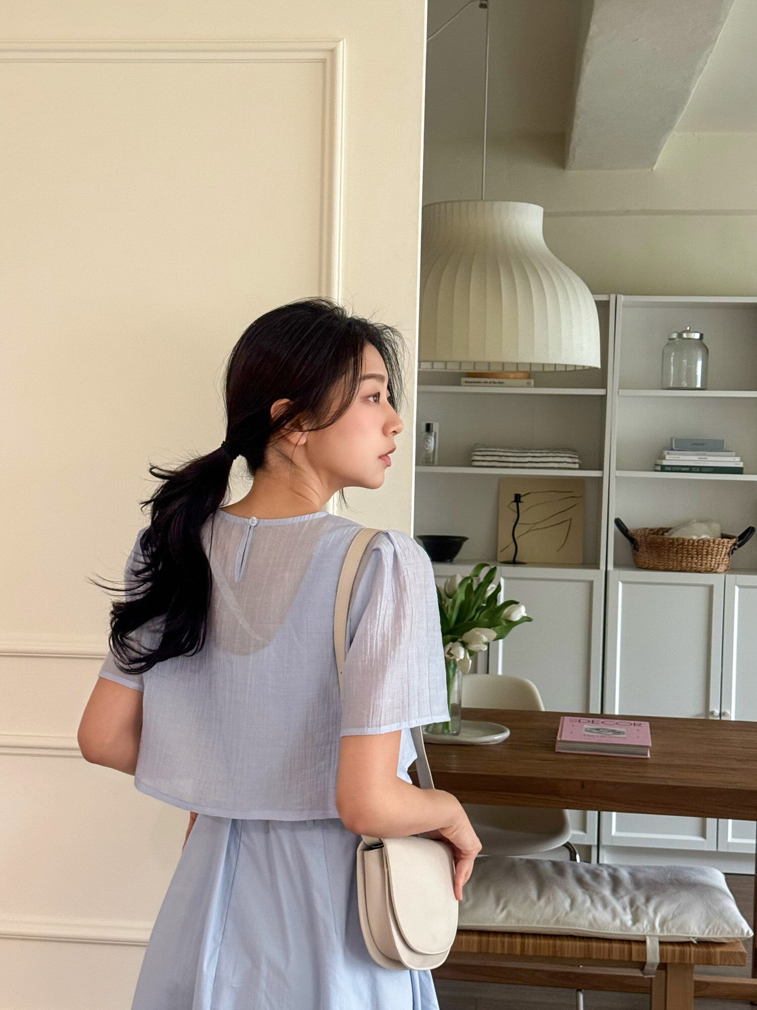 링클 블라우스 레이어드 원피스 (BLUE)