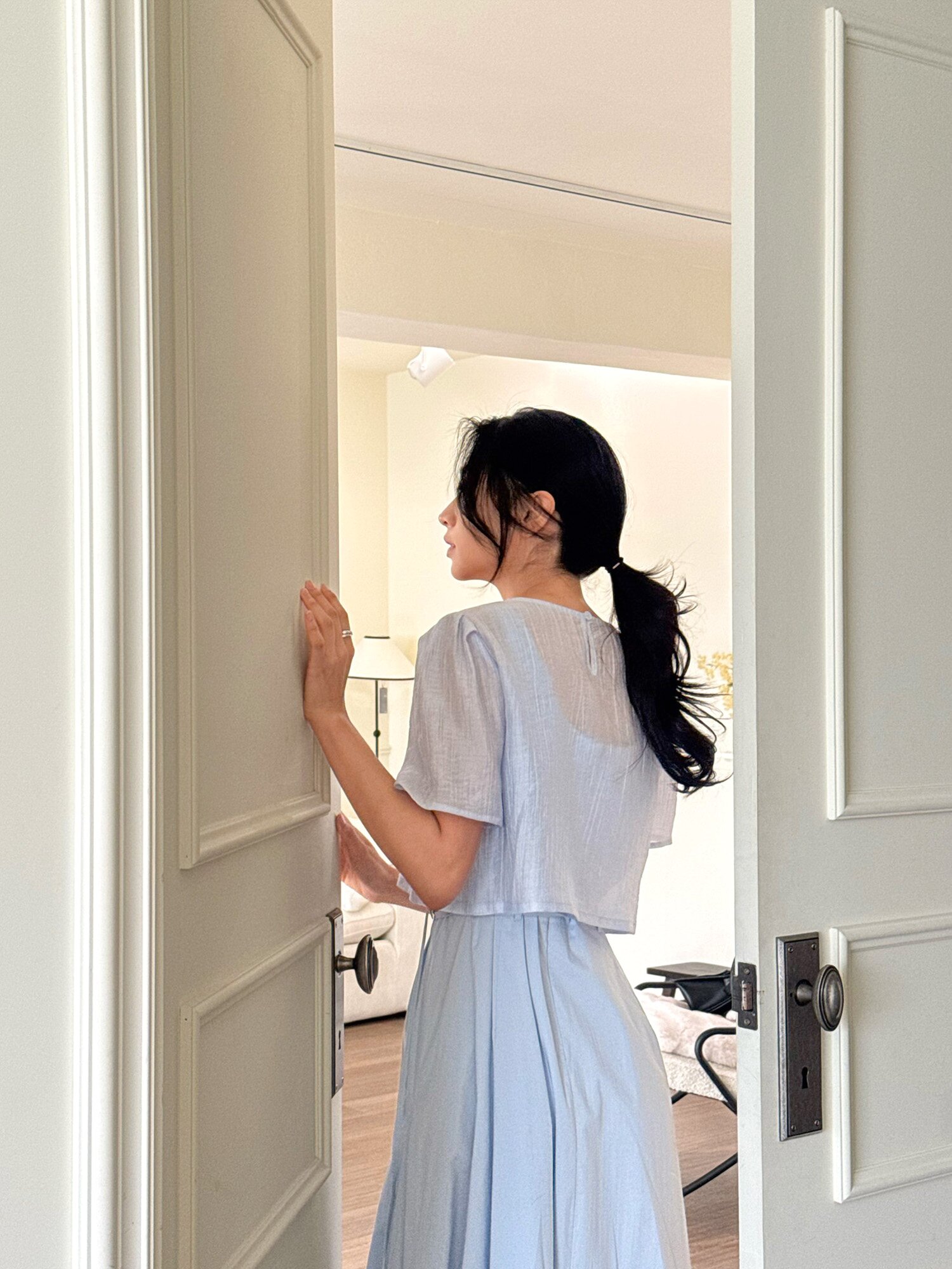 링클 블라우스 레이어드 원피스 (BLUE)