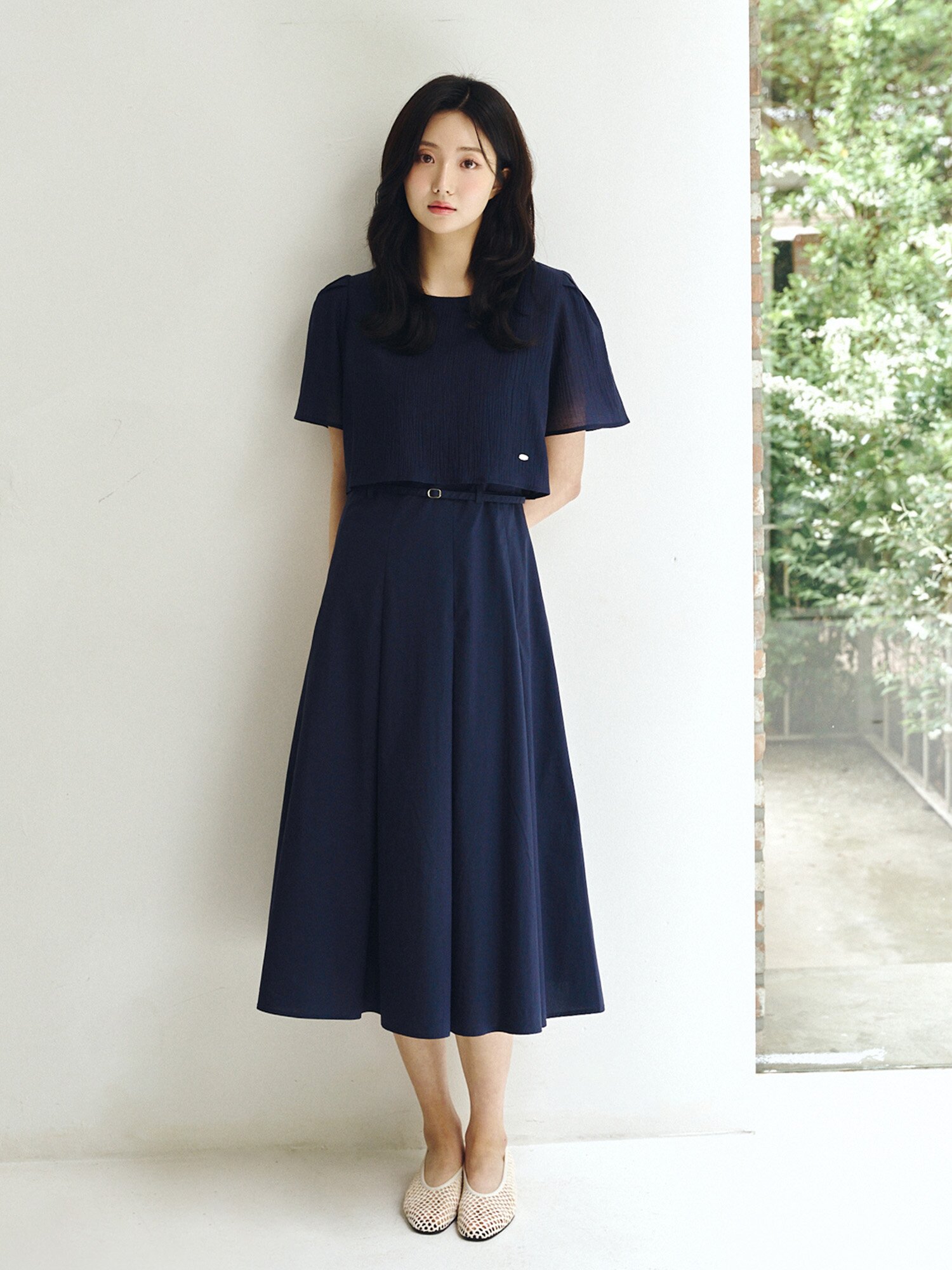 링클 블라우스 레이어드 원피스 (NAVY)