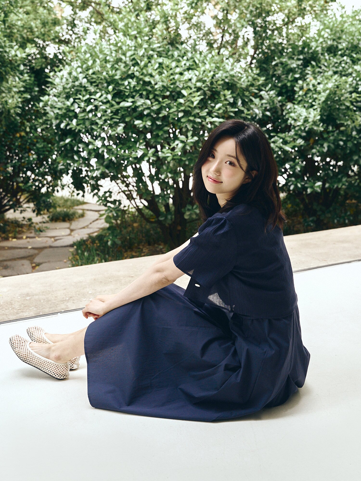 링클 블라우스 레이어드 원피스 (NAVY)