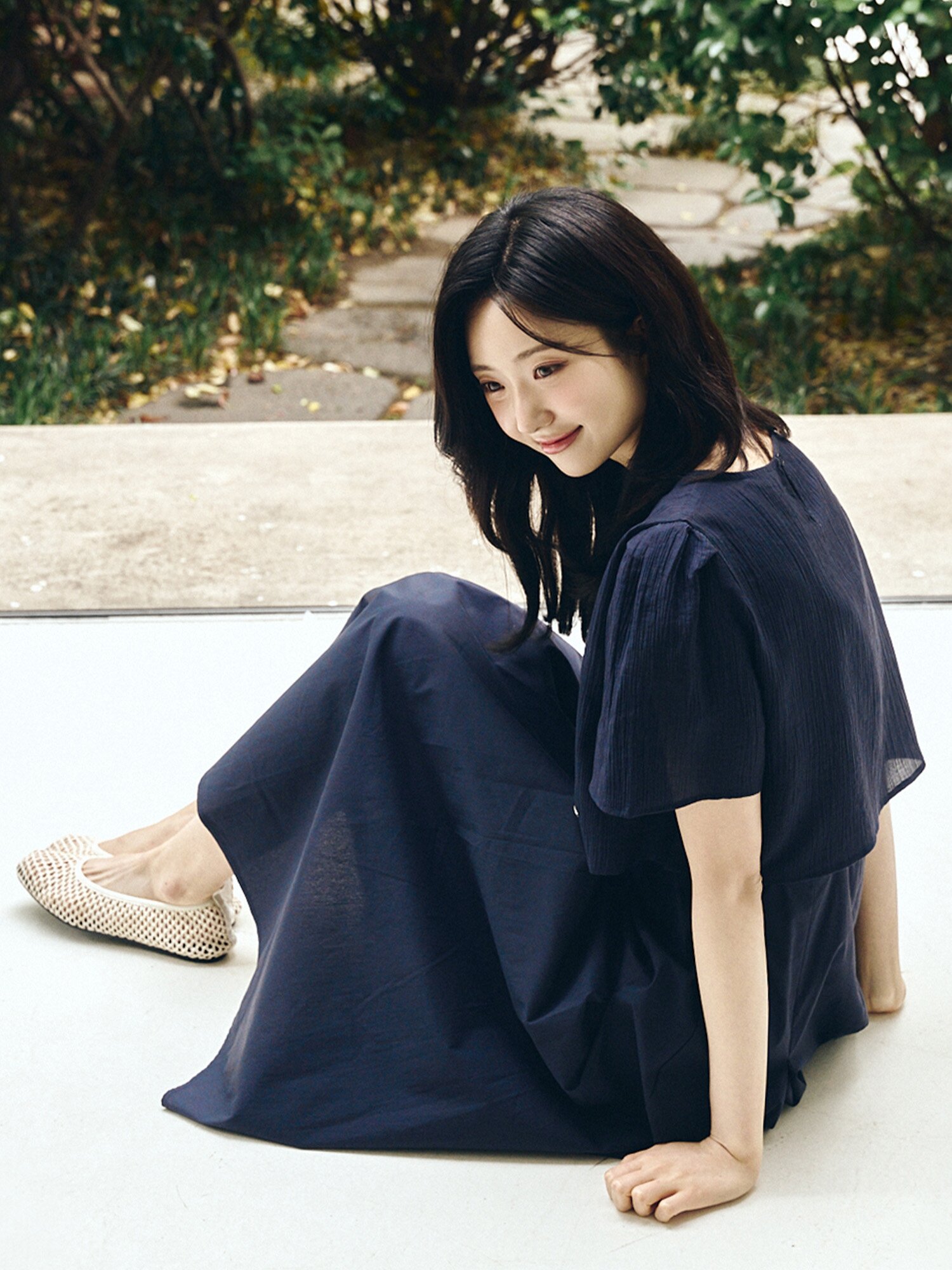 링클 블라우스 레이어드 원피스 (NAVY)