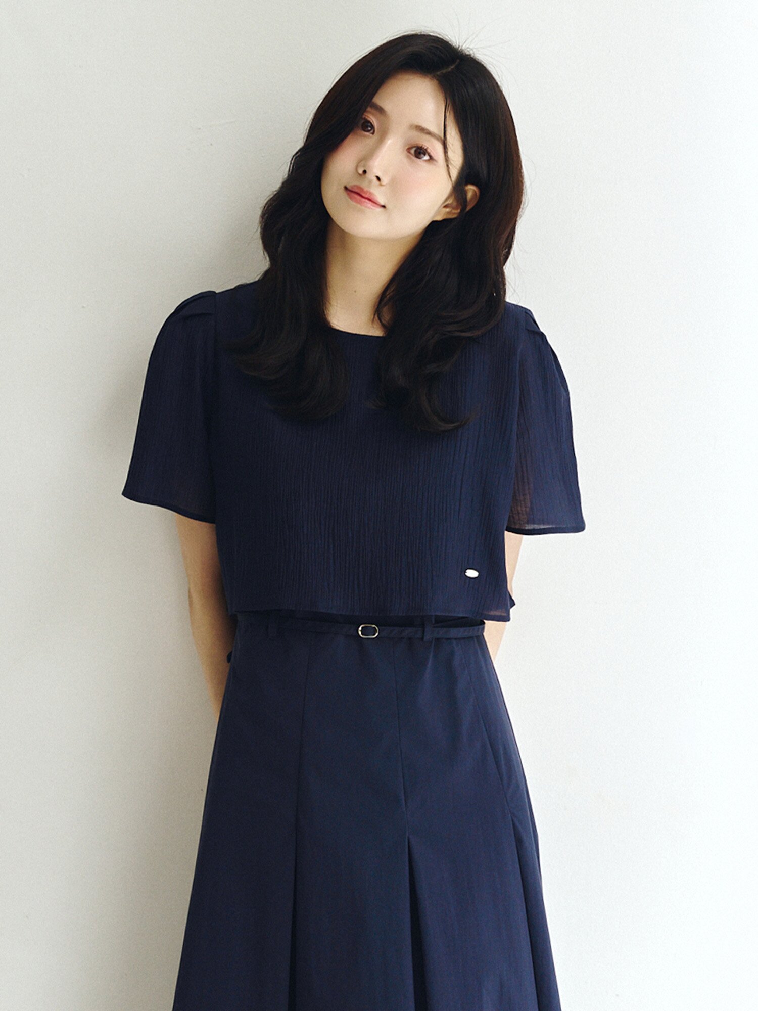 링클 블라우스 레이어드 원피스 (NAVY)