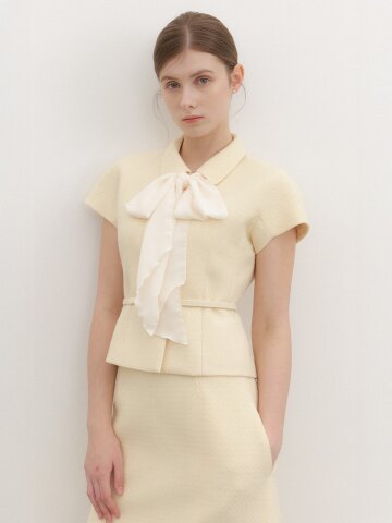 Ribbon Tweed Cap-Sleeve Jacket / Yellow(2Color)
