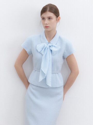 Ribbon Tweed Cap-Sleeve Jacket / Blue(2Color)