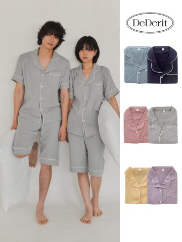데데리트 시원한 여름 면 컬러 심플 요루면 커플 파자마 세트 남성 여성 반팔 잠옷 홈웨어 파티 생일 친구 우정 커플 신혼 선물