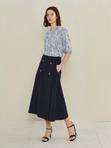 트렌치 더블 버튼 미디 스커트 (DARK NAVY)