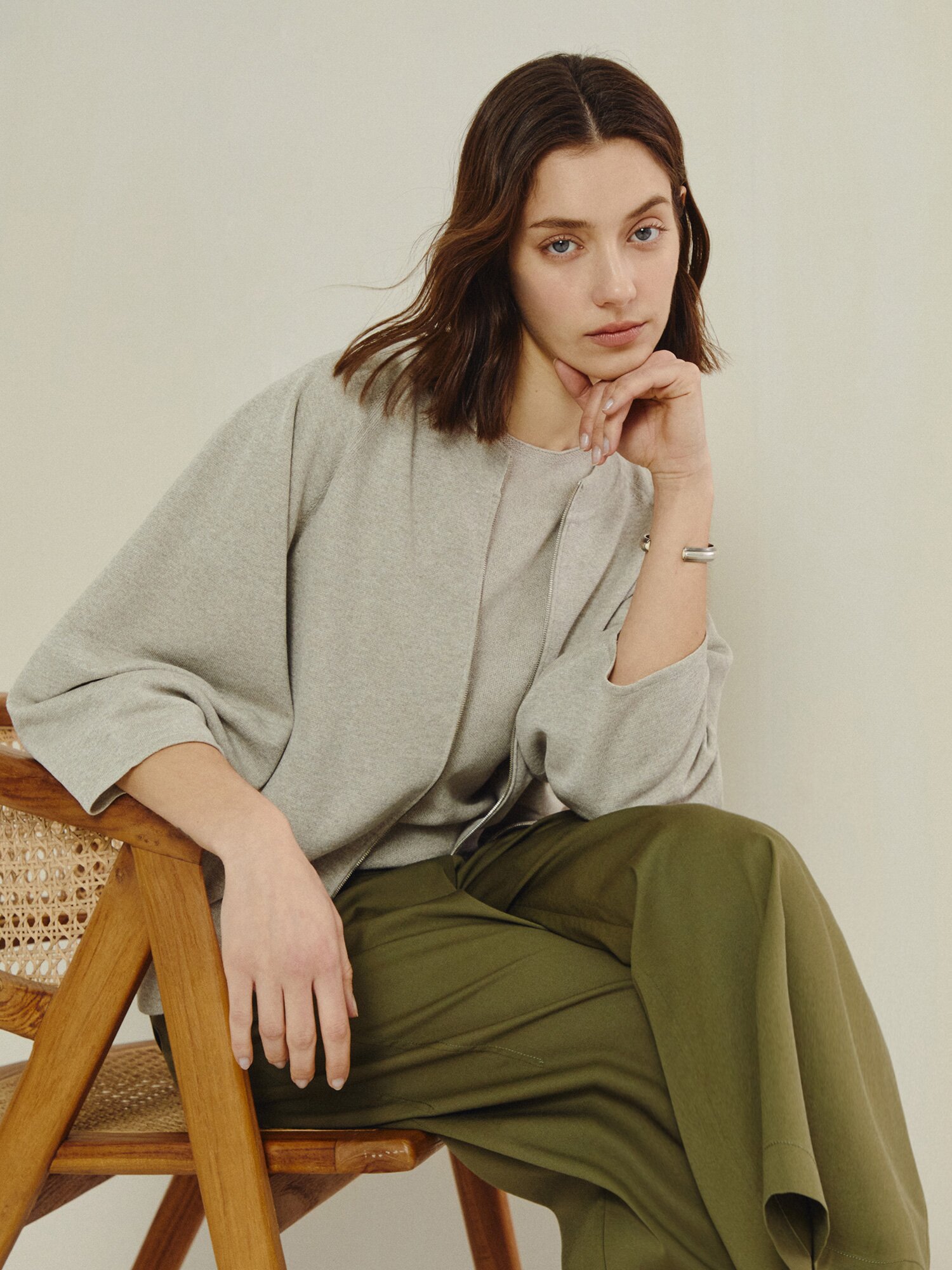 노 칼라 멜란지 집업 카디건 (LIGHT BEIGE)