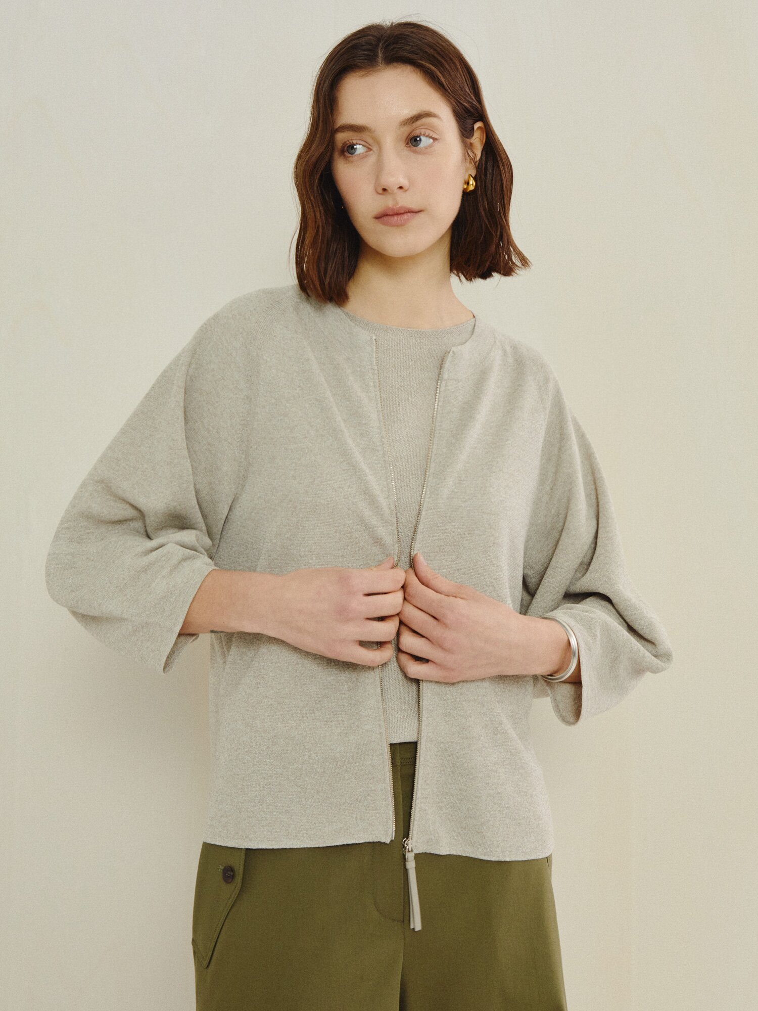 노 칼라 멜란지 집업 카디건 (LIGHT BEIGE)