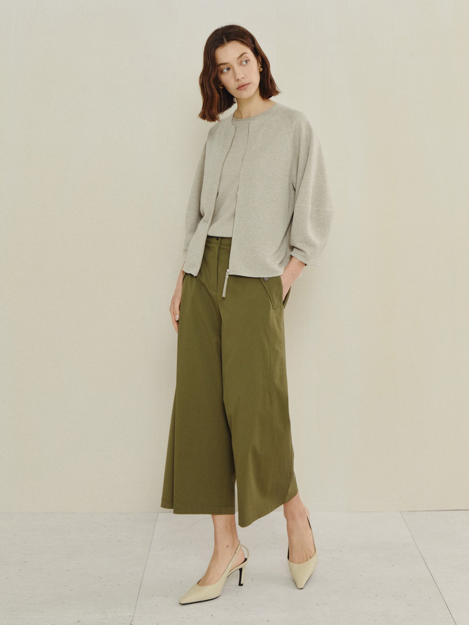 노 칼라 멜란지 집업 카디건 (LIGHT BEIGE)