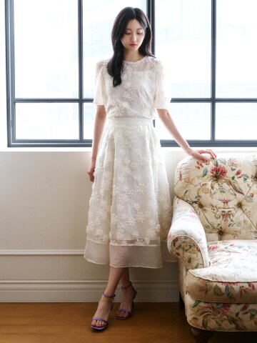 플라워 백 밴딩 플레어 스커트 