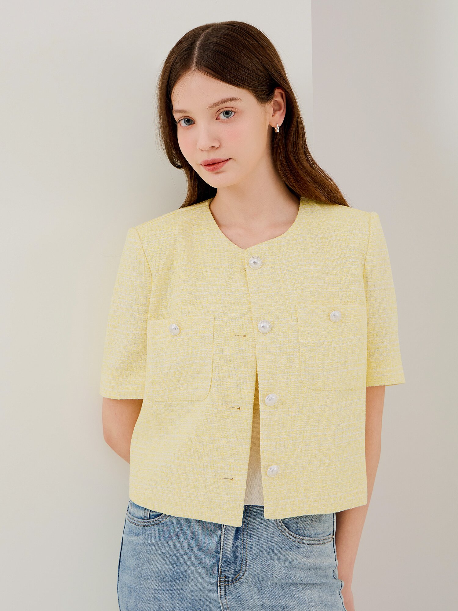 트위드 포켓 라운드넥 크롭 재킷 (YELLOW)