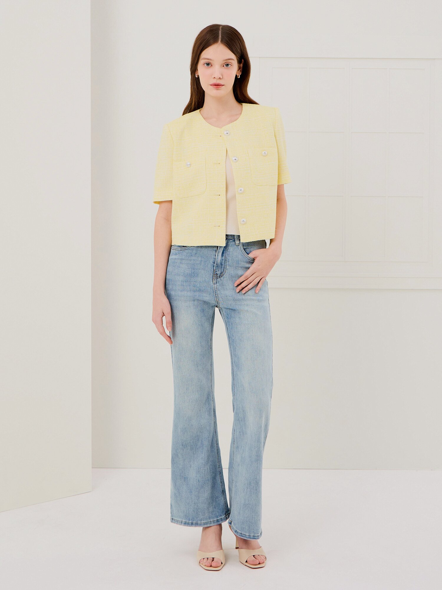 트위드 포켓 라운드넥 크롭 재킷 (YELLOW)