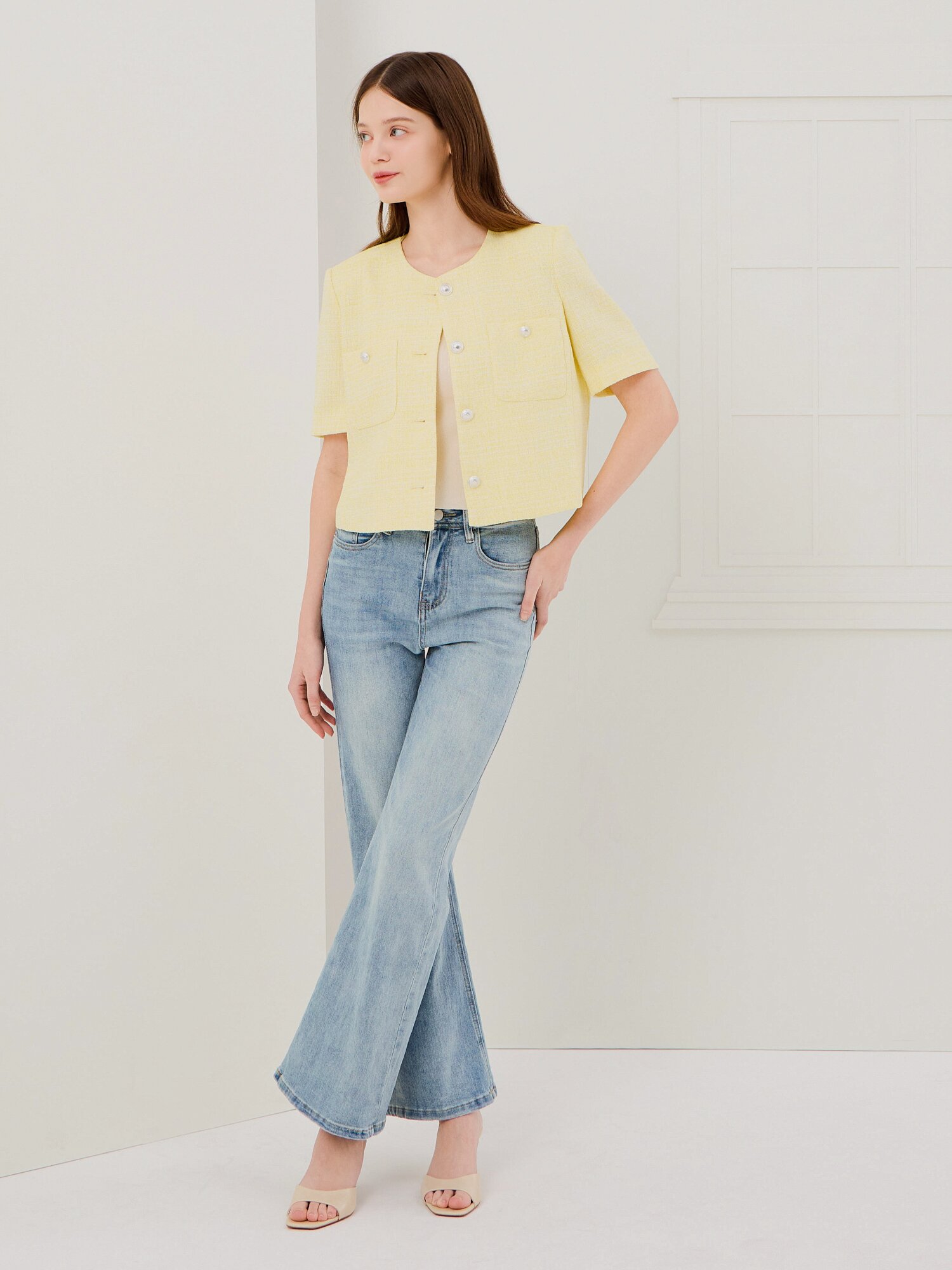 트위드 포켓 라운드넥 크롭 재킷 (YELLOW)