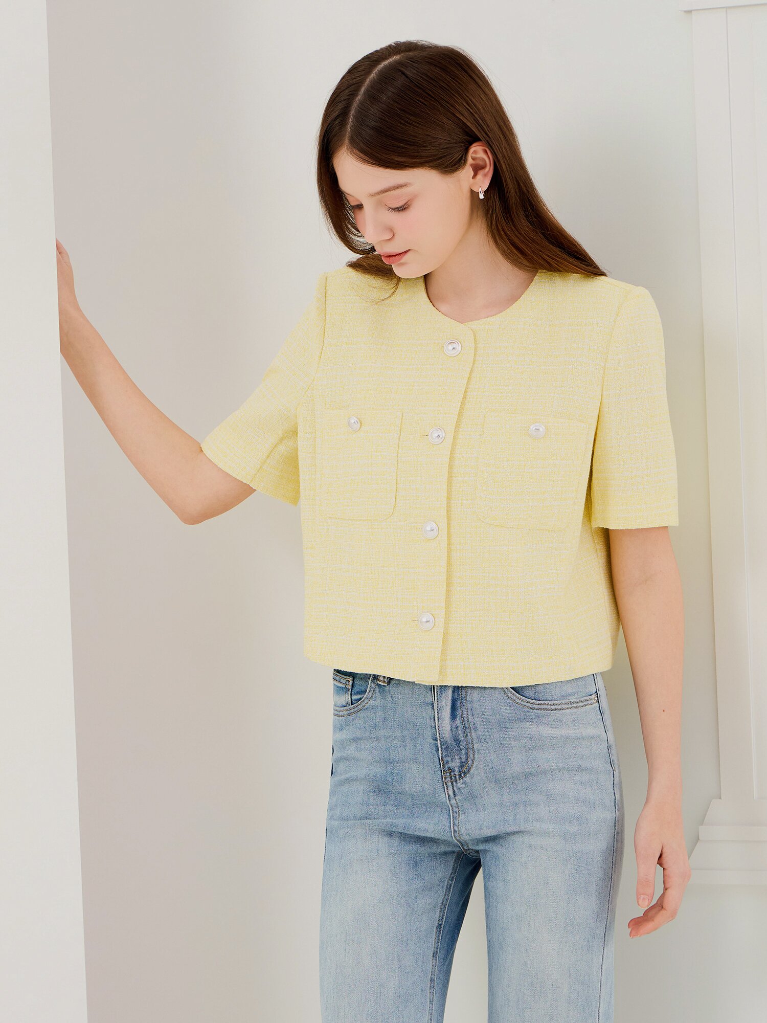 트위드 포켓 라운드넥 크롭 재킷 (YELLOW)