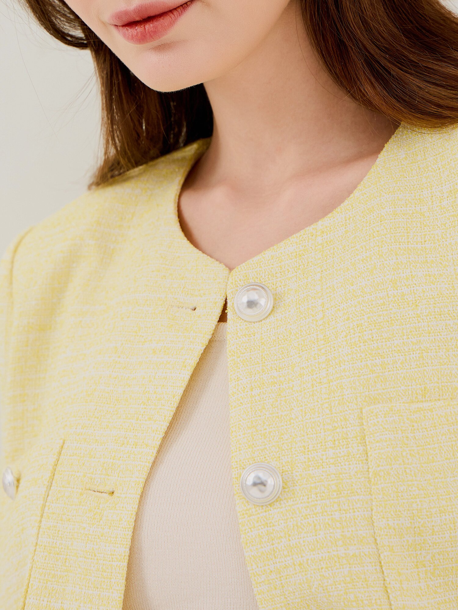 트위드 포켓 라운드넥 크롭 재킷 (YELLOW)