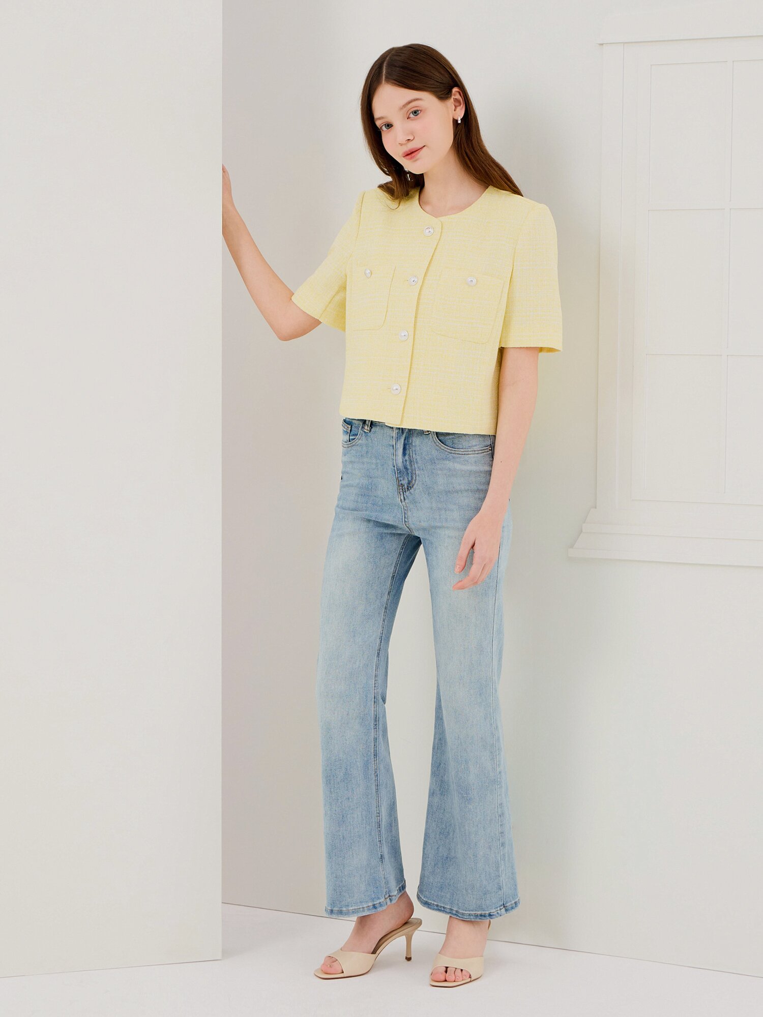 트위드 포켓 라운드넥 크롭 재킷 (YELLOW)