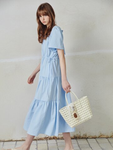 스퀘어넥 백 리본 롱 원피스 