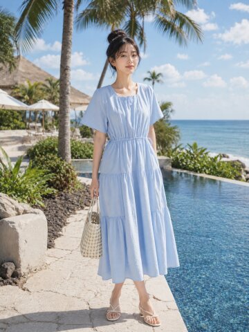 스퀘어넥 백 리본 롱 원피스 
