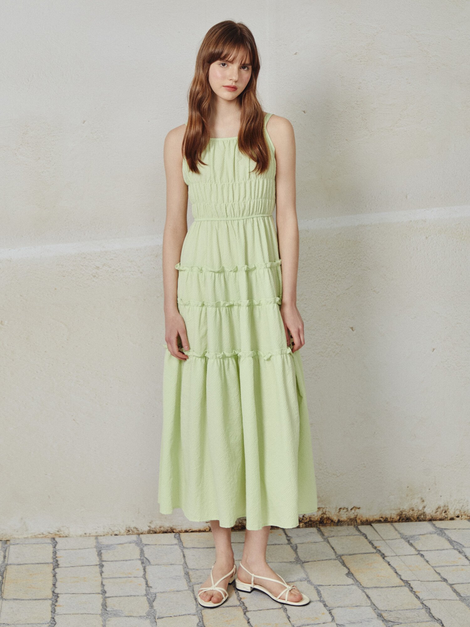 프릴 슬리브리스 롱 원피스 (LIME)