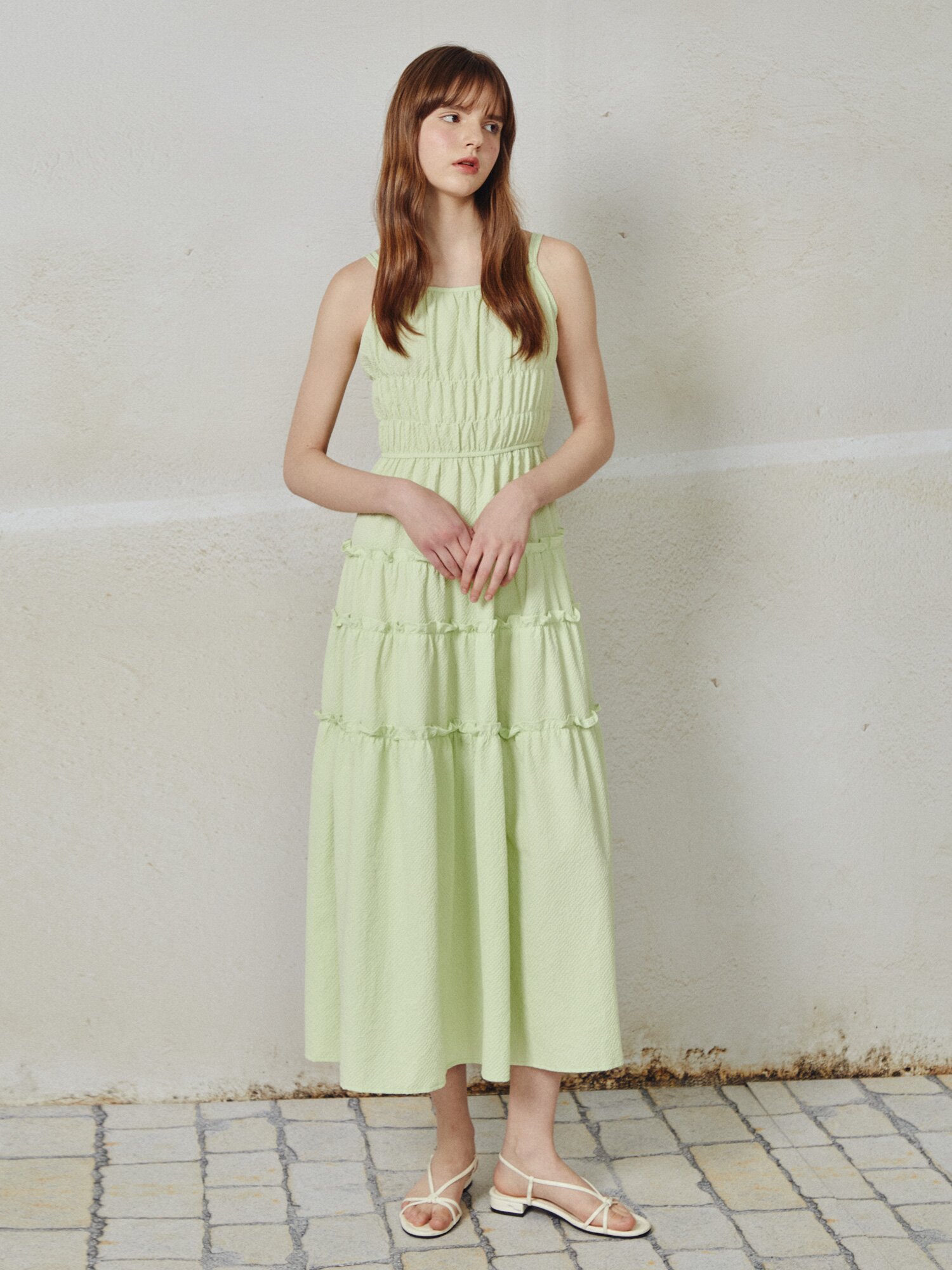 프릴 슬리브리스 롱 원피스 (LIME)