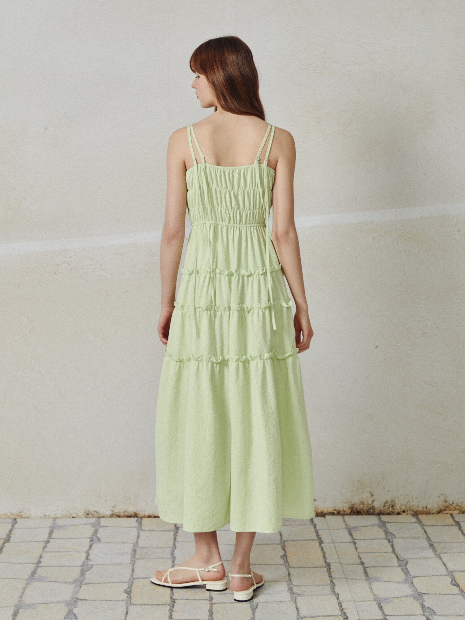 프릴 슬리브리스 롱 원피스 (LIME)