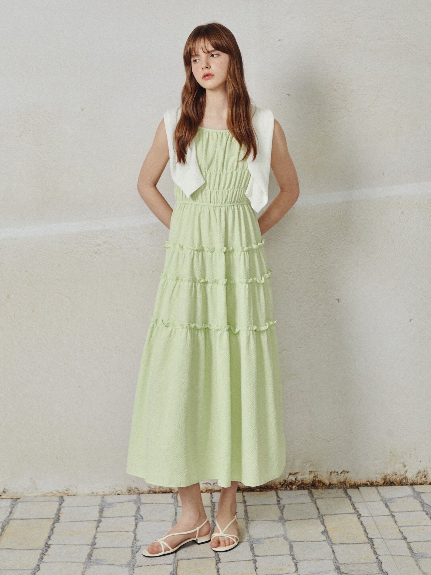 프릴 슬리브리스 롱 원피스 (LIME)