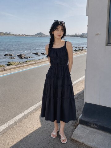 프릴 슬리브리스 롱 원피스 