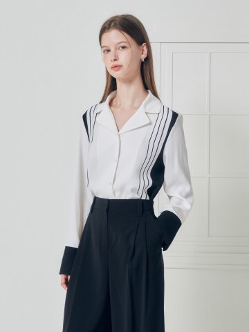 배색 포인트 오픈 칼라 블라우스 